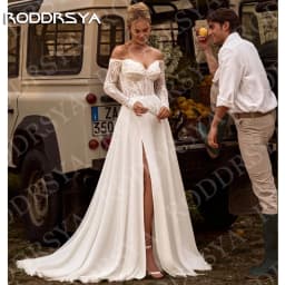 RODDRSYA Elegant Wedding Dresses Boho Woman Off Shoulder Lace Long Sleeves Split Bridal Dress Chiffon Customized Robe De Mariée