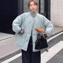 Retro Plaid Patchwork Lightweight Puffer Jacket Autumn Winter Loose Casual Quilted Jacket Female Round Neck Commute Padded Coats