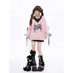 Temperament Vintage Sweet Fake Two Pieces Bow Printed Loose Sweatshirts Women Off Shoulder Hottie Streetwear Women Y2k Top