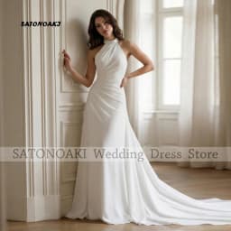 Customized Elegant Halter Mermaid Ivory Chiffon Pleat Wedding Dress for Women Sweep Train Backless Bride Gown Vestidos De Novia