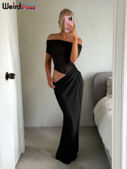 Weird Puss Ruched Irregular Dress Women Mesh Patchwork Slash Neck Short Sleeve Skinny Stretch Trend Elegant Long Bodycon Outfits