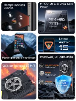 Android 15 Смартфон Cubot King Kong Power 5, 6.88" 120Hz Screen, 15300mAh Battery, 16GB RAM (6+10) 128GB ROM,MTK G100 5W Speaker