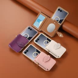 Luxury Zipper Leaf Magnetic Ring Holder Mirror Cards Solt Leather Phone case For Motorola Razr 60 50 Ultra Shockproof Cover