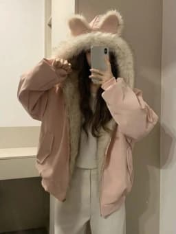 Korean Sweet Plush Rabbit Ear Decor Hooded Coat Women Vintage Aesthetic Loose Outwear Winter Casual Warm Long Sleeve Jacket New