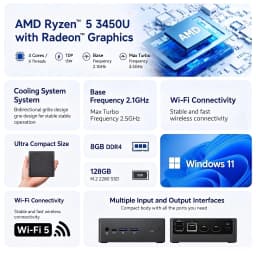 Texhoo MINI PC AMD Ryzen 5 3450U R3 3250U DDR4 8G 2400Mhz 256G SSD Pcle3.0 WIFI5 Double 4K Display 1xLAN Computer Barebone PC