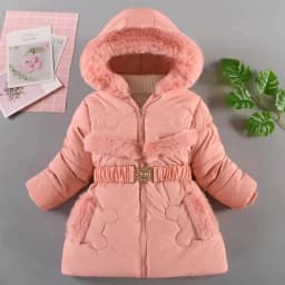 2024 New Winter Keep Warm Girls Jacket Waist Belt Design Detachable Hat Lining Plush Hooded Heavy Coat For Kids