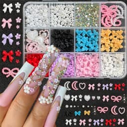12Grids 3D Resin Rose Flower Nail Charms Mixed Color Flatback with Pearls Kawaii Floral Nail Decor for Acrylic Nails DIY Tools