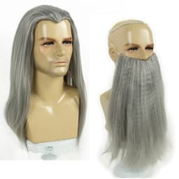 REEWES Wig Beard Set Grey Long Curl Yaki Synthetic Hair Old Man Costume Wig Anime Cosplay Halloween Party Proofs