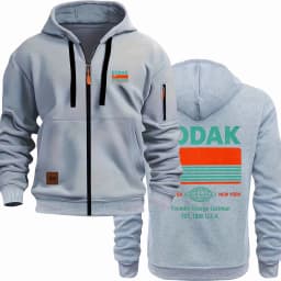 Kodak Retro Pattern Printed Men's Zipper Multi Pocket Hoodie Casual Long Sleeve Zipper Sportswear Retro Hoodie with Pocket