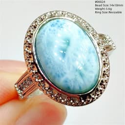 Natural Blue Larimar Adjustable Ring 925 Sterling Silver Larimar Gemstone Women Men Water Pattern AAAAA