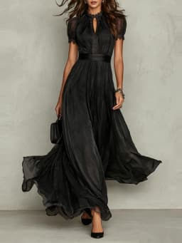 Vintage Solid Lace A-Line Long Dress Women's O Neck High Waist Pleated Party Dress Summer Short Sleeve Flowy Maxi Dresses