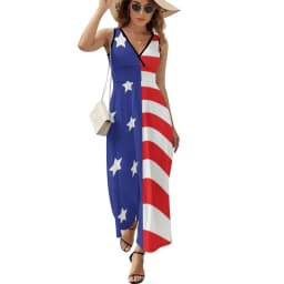 American Flag Dress Patriotic Flag Star Design Boho Beach Long Dresses V Neck Print Maxi Dress Korean Fashion Clothes Oversize