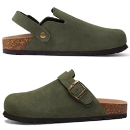 Evshine Women Suede Cork Slippers with Adjustbale Strap Comfy Arch Support Leather Mules Retro Men Potato Shoes Lady Cork Clogs