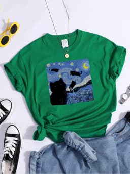 Vincent Van Gogh Starry Night Cute Cat In Painting Print Women's t-Shirt Hip Hop Soft Tops Loose Tshirt Summer Women's Tshirts