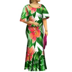 2022 Fall New Style Samoan Puletasi Batwing Sleeve Polynesian Tribal Mermaid Maxi Skirt Dress Women Pacific Island Art Ptaha