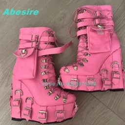 Buckle Mixed Color Patchwork Ankle Boots Round Toe Platform Wedges Thick Heels Women's Boots Cross Tied Pocket Decoration Shoes
