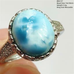 Natural Blue Larimar Oval Adjustable Ring Jewelry Water Pattern Real Larimar For Women Men Healing Fashion Stone AAAAAA