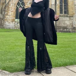 Goth Dark High Waist Package Hip Long Pants Mall Gothic Lace Patchwork Women Flare Pant Grunge E-girl Trousers Trim Streetwear