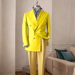 Timeless Men's Navy Blue Double Breasted Suit Summer Breathable Casual 2Piece Set Jacket+Yellow Linen Pants Wedding Groom Attir