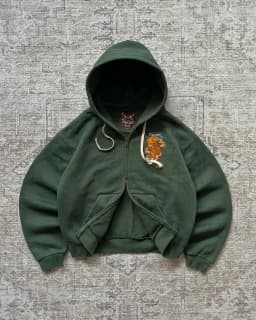 Mens Hip Hop Style Dark Green Tiger Pattern Embroidered Zip Up Hoodie Oversized Long Sleeve Ribbed Cuff Casual Hooded Daily Wear