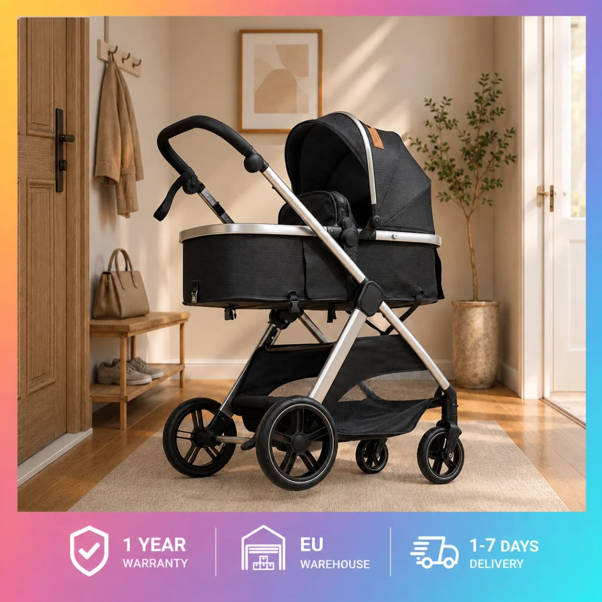 Lightweight Foldable Baby Stroller 3 In 1 Luxury Travel System Pram with Portable Infant Car Seat Aviation Aluminum Frame Carriage Shockproof Newborn Pushchair Set Compact Toddler Buggy with Large Storage Basket and Foot Brake