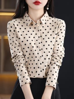 Women's New 100% Cotton Soft Sweater Polka-dot Knitted Polo Collar Long Sleeve Cardigan Spring Summer Shirt Ladies' Blouse Top