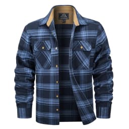 MAGCOMSEN Men's Cotton Flannel Shacket Plaid Shirt Long Sleeve Corduroy Collar 2 Chest Pockets Casual Work Overshirt Outdoor