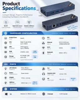 SZBOX Twin Lake N150 MINI PC Windows 11 Pro LPDDR5 12GB M.2 2280 NVME 1TB SSD Wifi 6 BT 5.2 RJ45 HD Desktop Gaming Computer