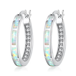CiNily White Fire Opal Hoop Earrings With Stone Silver Plated Small Round Circle Chic Summer Punk Jewelry Best Gifts for Woman