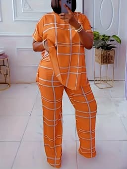 Spring Autumn New Women's Fashion Elements Striped Grid Printed Casual Round Neck Large Comfortable Two Piece Set