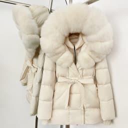 OFTBUY New Winter Real Fur Outerwear Women's Down Jacket with Real Fox Fur Belted Waist Mid-Length White Duck Down Puffer Coat