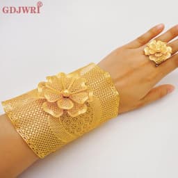France Luxury Chain Cuff Bangle & Ring For Women Dubai Gold Color Indian Moroccan Big Bracelet Jewelry Arabic African Wedding