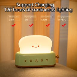 USB Rechargeable LED Bread Toast Night Light Table Lamp Bedside Portable for Bedroom Kids Room Baby Gift Holiday Decor Birthday