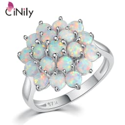 CiNily Luxury White Round Fire Opal Ring 925 Sterling Silver Flower Bloom Plant Big Ring Wedding Party Fashion Jewelry for Women