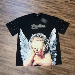 Mixed Emotion American Mask Wearing Angel Print Beaded Loose Short Sleeved T-shirt for couples Men Women Tee Tops