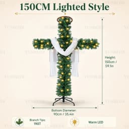 150/180cm Cross Shaped Christmas Tree Pre Lit Warm LED Lights Artificial PVC Xmas Tree Religious Holiday Home Outdoor Decoration