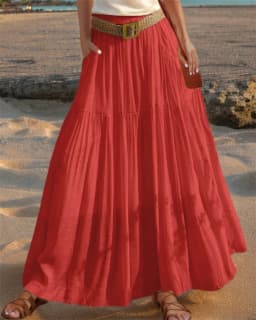 2026 Belted Hem A-line Solid Color Elastic Waist Skirt Women's Summer New Beach Vacation Commuting Camping All-match Long Skirt