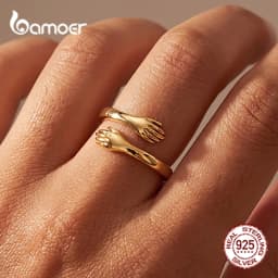 BAMOER 925 Sterling Silver Hug Open Ring Warm Love Hand Adjustable Glossy Ring for Women, His Big Loving Family Party Gift