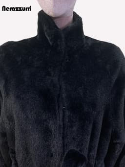 Nerazzurri Winter Extra Long Black Fluffy Thick Warm Soft Faux Rex Rabbit Fur Coat Women Stand Collar Sashes Maxi Furry Overcoat