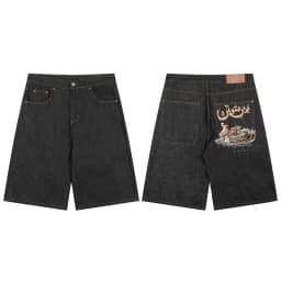 Masked Goddess Embroidered Flowered Jens Shorts for Men and Women High Street Washed Baggy Casual Five Point Denim Pants