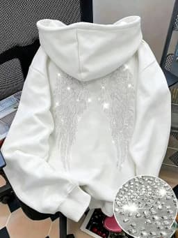 Leisure Spring and Autumn Sweater Wing Print and Hot Rhinestone Two Styles Women's Long-sleeved Pullover Hoodie