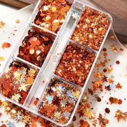 6grids Holographic Red Maple Leaves Nail Glitter Sequins Shiny Mix Laser Gold Hexagon Nail Flakes 3D Maple Leaf Nail Decorations