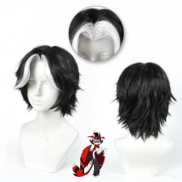 Hazbin Hotel Husk Cosplay Wig Short Black White Fluffy Male Widow's Peak Heat Resistant Synthetic Anime Wig with Wigcap