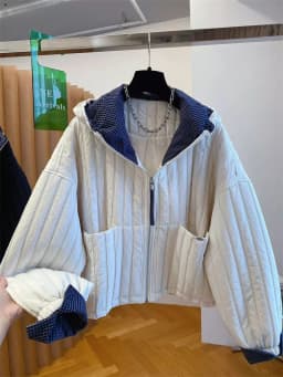 Women's Jacket Hooded Cotton Jacket Women's Plaid Stitching Cotton Jacket Autumn new Thin Cotton Coat in Cotton-padded Jacket
