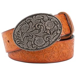 Tang Grass Pattern Embossed Leather Belt Fashion for Men Youth