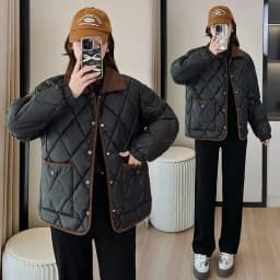 Autumn Winter Overcoat PU Leather Cotton-padded Jacket Women's Rhombic Lattice Short Coats Female Warm Outerwear No-wash Parkas