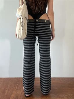 Women's Stripe Flared Pants Low Waist Straight Long Trousers for Spring Fall Casual Stylish