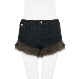 2026 New Retro Fluffy Splicing Denim Shorts Spice Girl Warm Fashion Low Waist Hip Hot Pants Women