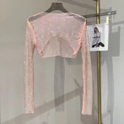 2025 New Summer Sexy Bright Diamond Short Thin Tops Slim Hot Drill Long-sleeved T-shirt Sexy Leak Waist Blouse