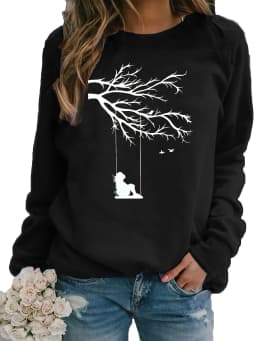 Women's Autumn and Winter Loose Casual Comfortable Tree and Bird Design Printed Velvet Long-Sleeved Round Neck Hoodie Pullover